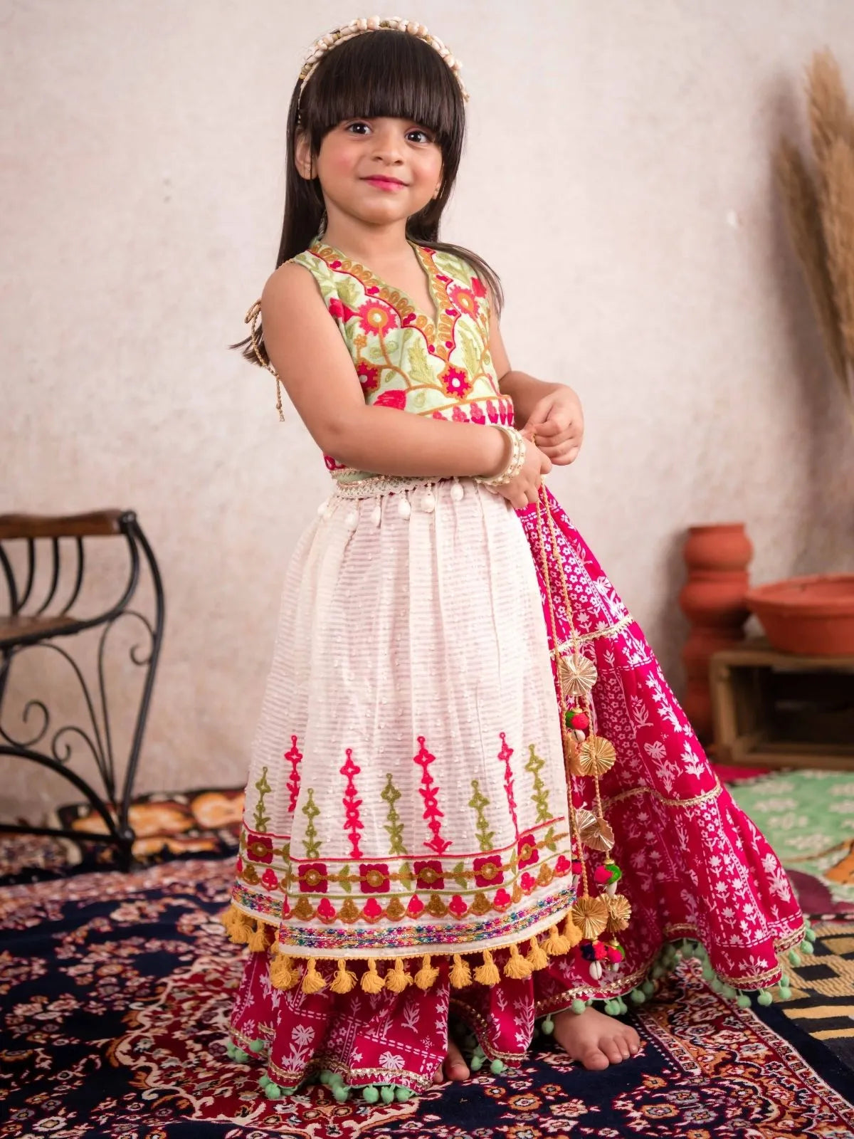 Pink Floral Lehenga With Embroidered Halter Blouse