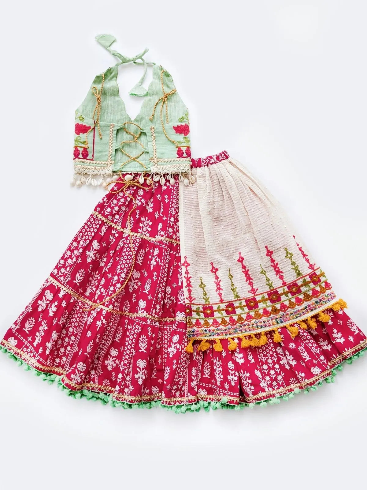 Pink Floral Lehenga With Embroidered Halter Blouse
