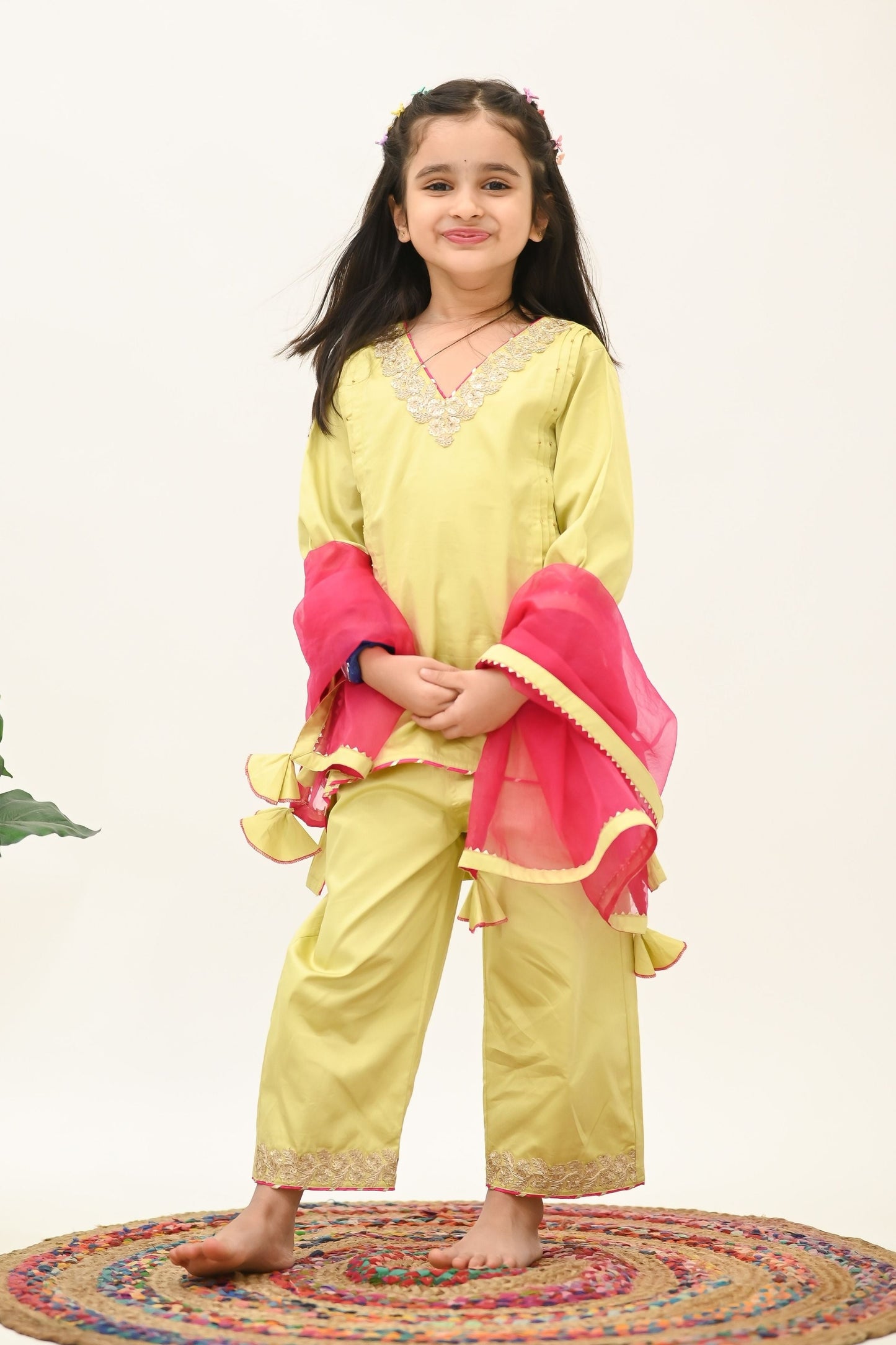 Girls Kurti and Pant ethnic set with Dupatta - Pista Green