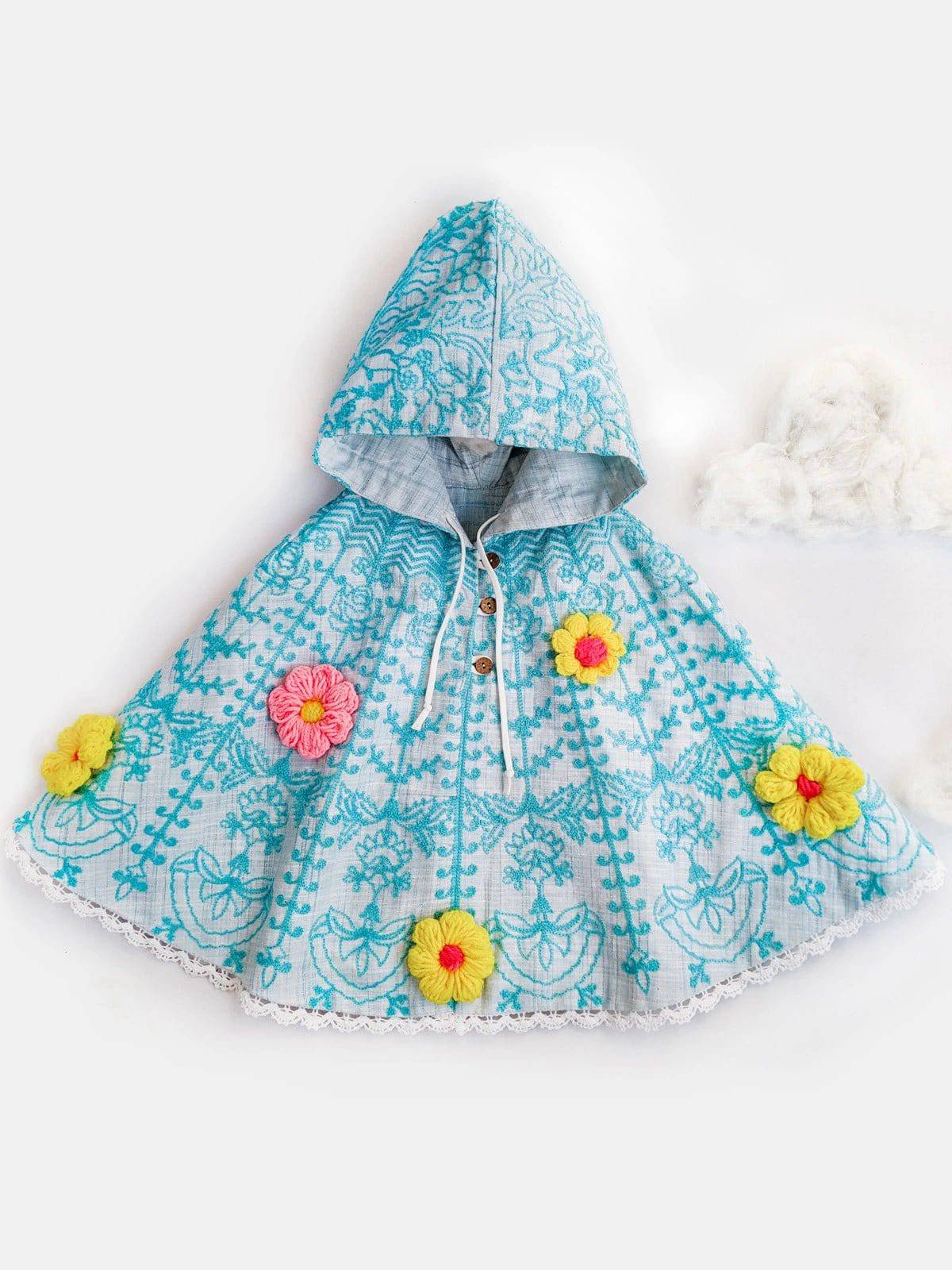 Sky Spring Woolen Flower Baby Girl Poncho Top