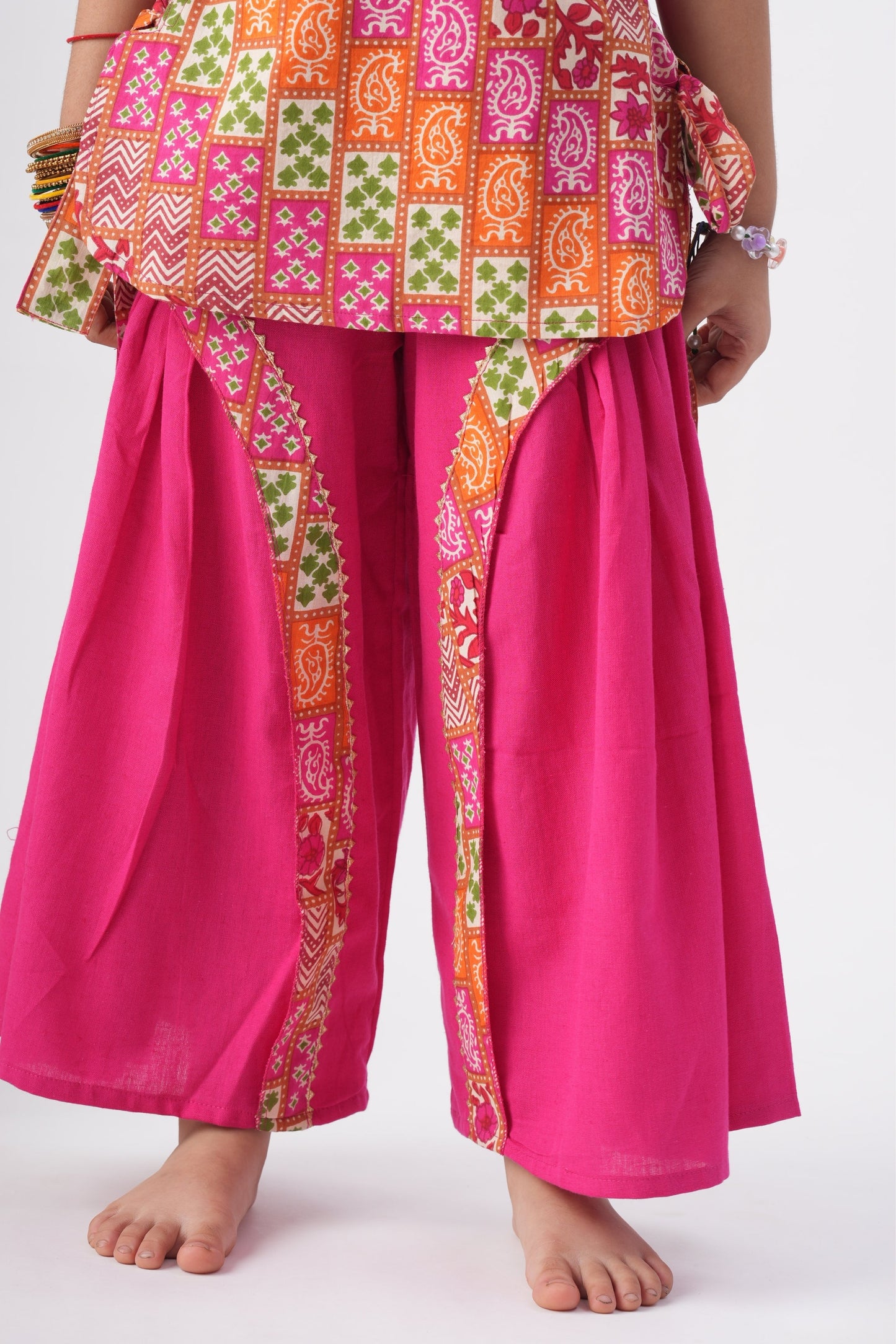 Girls Pink Printed Ethnic Co-Ord Set with Flared Palazzo – Festive Traditional Wear for Kids