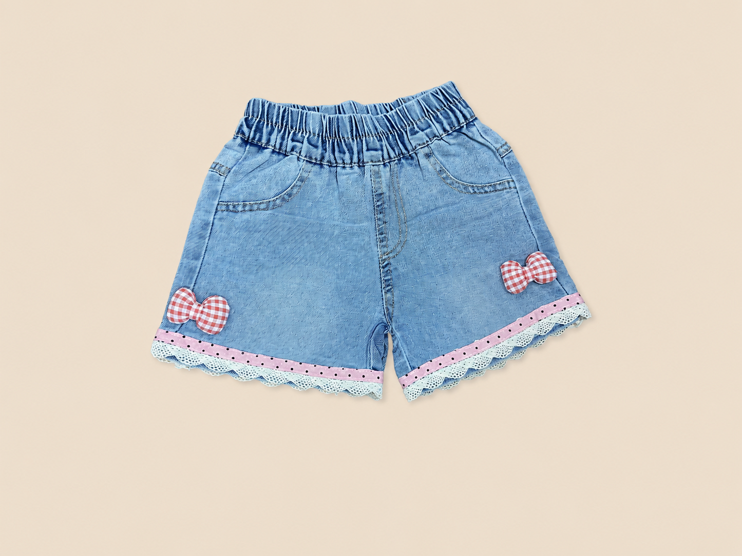 Girls Light Blue Denim Shorts with Lace Trim & Bow Detail | Cute Toddler Denim Bottoms