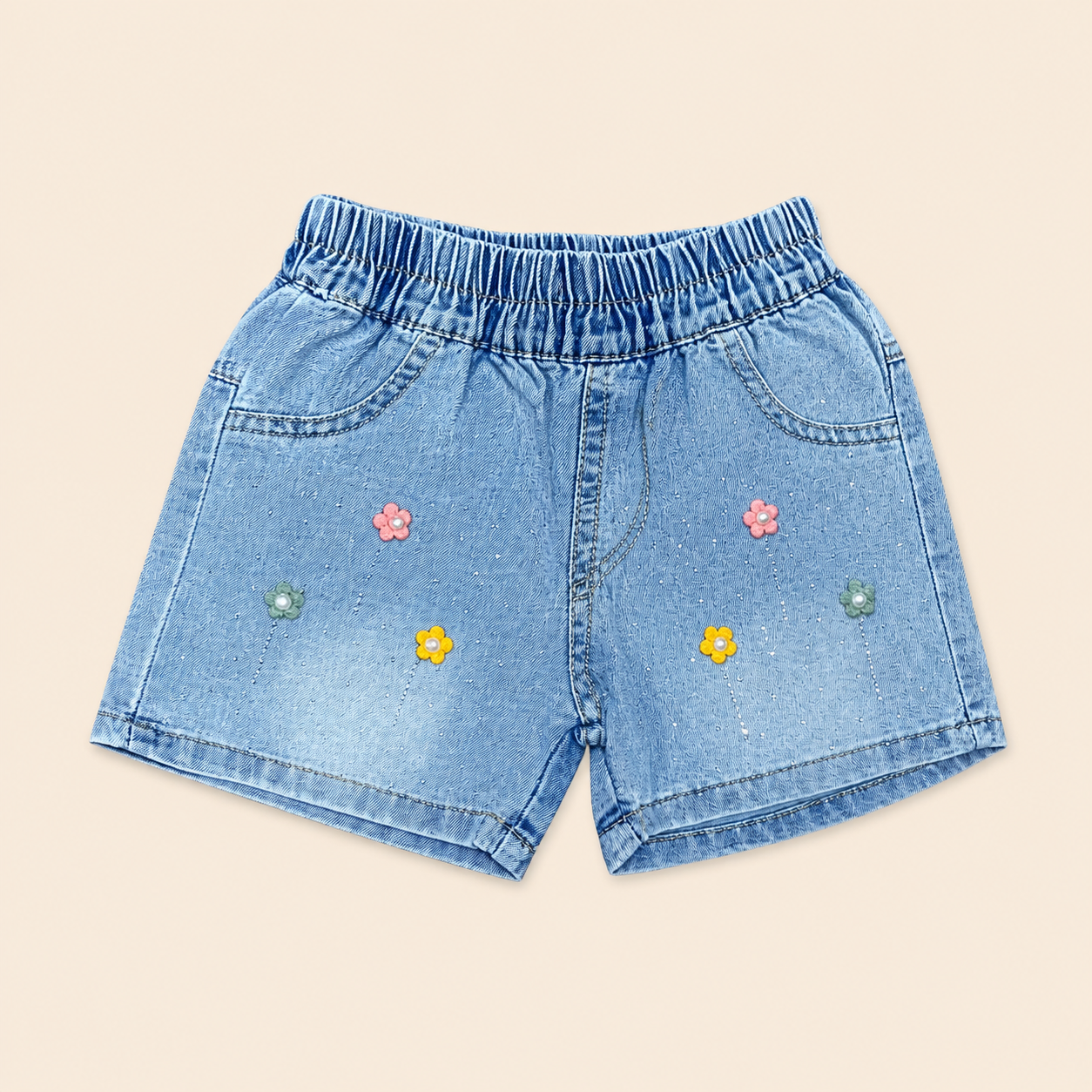 Girls Blue Denim Shorts with Floral Embroidery | Cute Elastic Waist Toddler Shorts