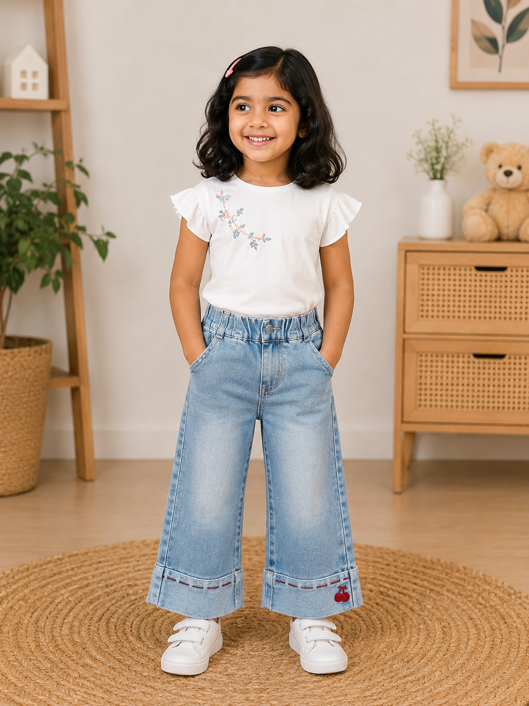 Girls Light Blue Wide Leg Denim Jeans with Cherry Embroidery | Trendy Kids Denim Pants