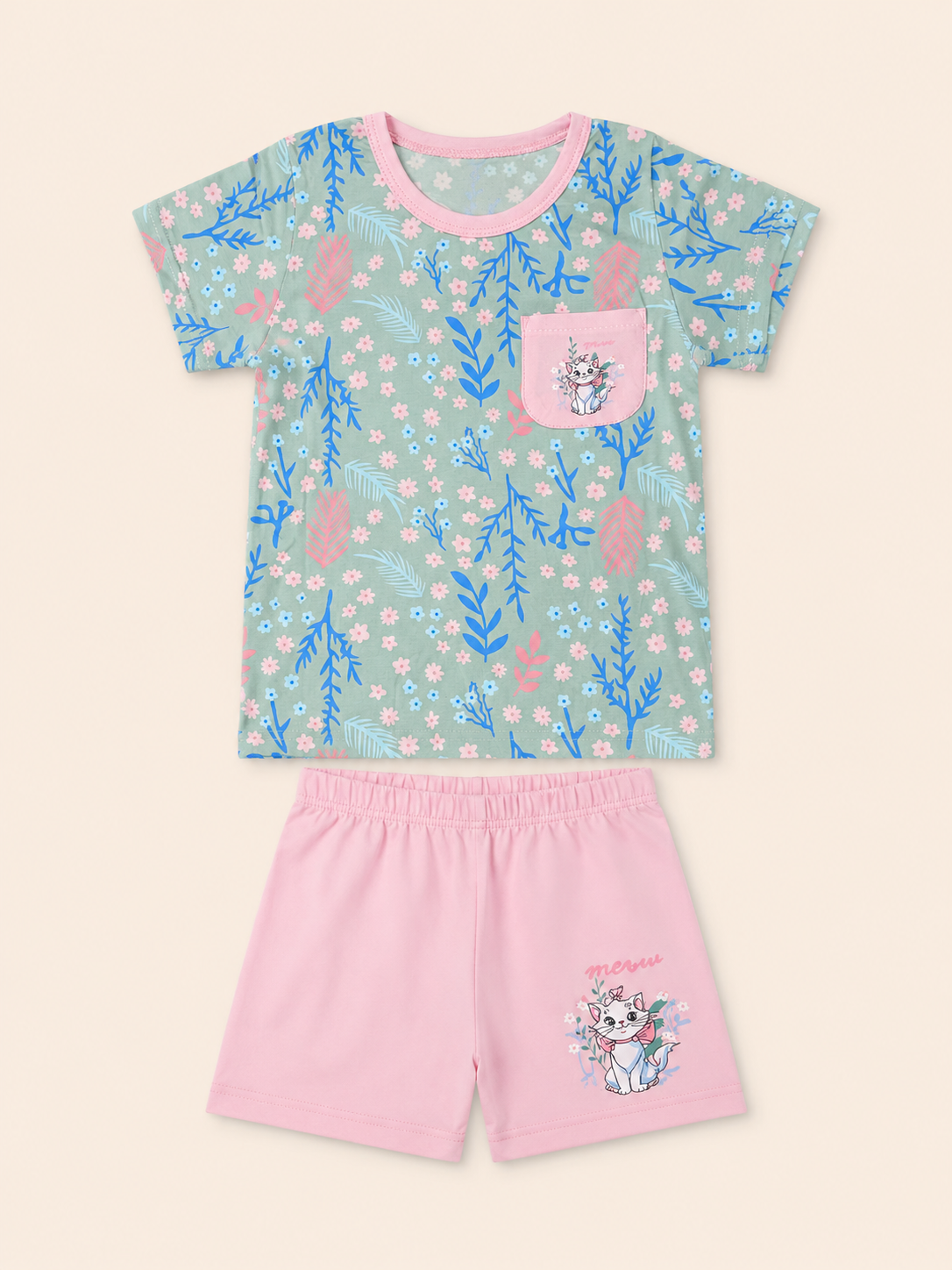 Girls Floral Cotton Night Suit Set with Cute Cat Print Pocket & Pink Shorts | Soft Kids Sleepwear