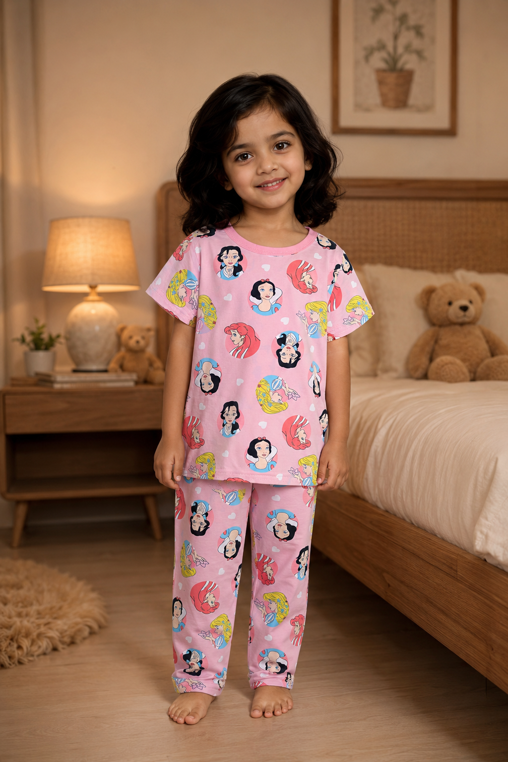Girls Disney Princess Printed Cotton Night Suit Set β Soft Pink Kids Sleepwear with Full Pants