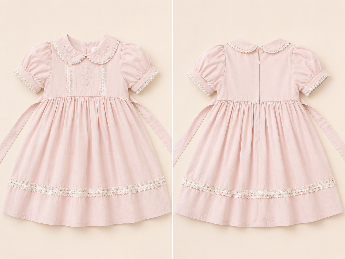 Girls Cream Cotton Party Dress with Lace Details | Elegant Kids Puff Sleeve Dress