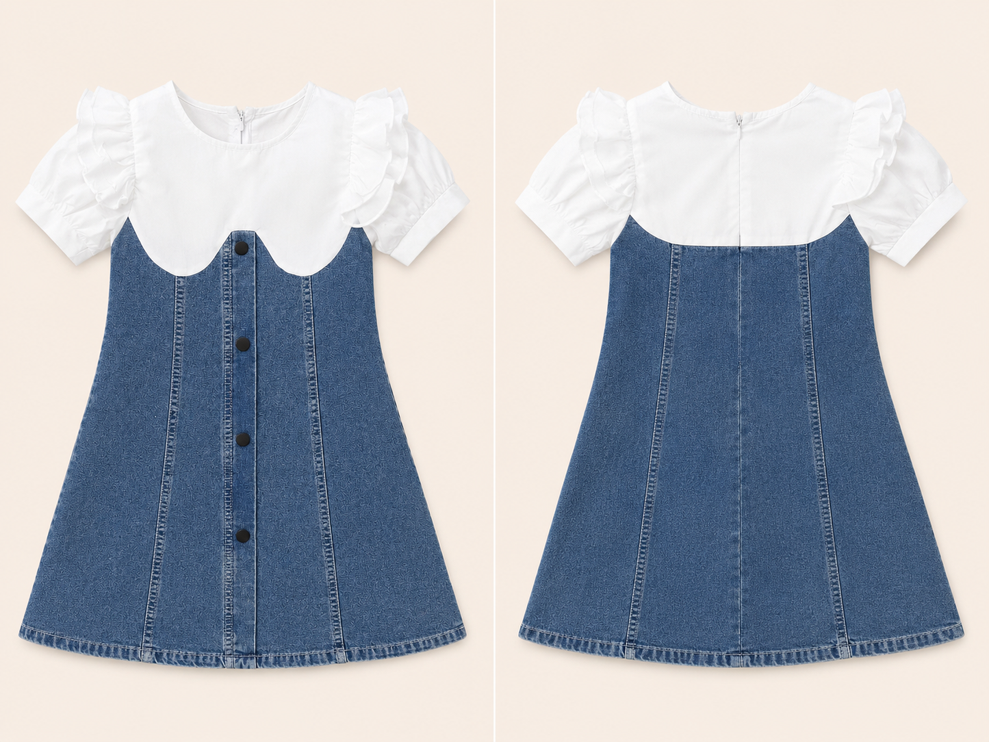 Girls Denim A-Line Dress with White Frill Sleeves | Stylish Casual Kids Dress