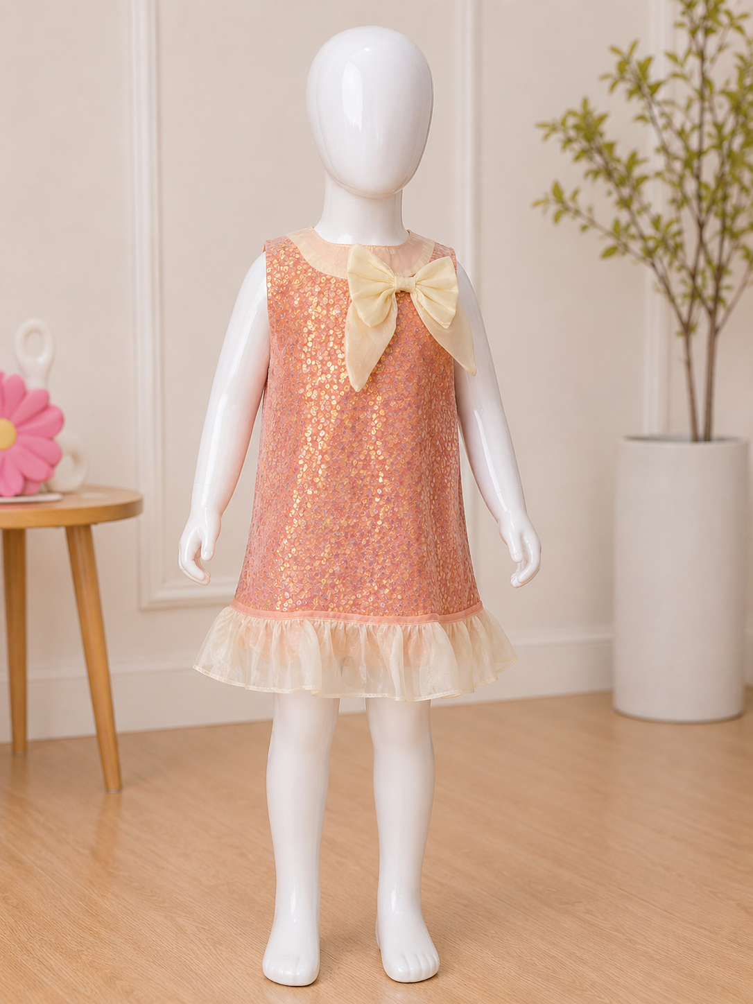 Peach Sequin Party Dress for Baby Girls | Elegant Sleeveless Birthday & Festive Wear Dress for Kids in India
