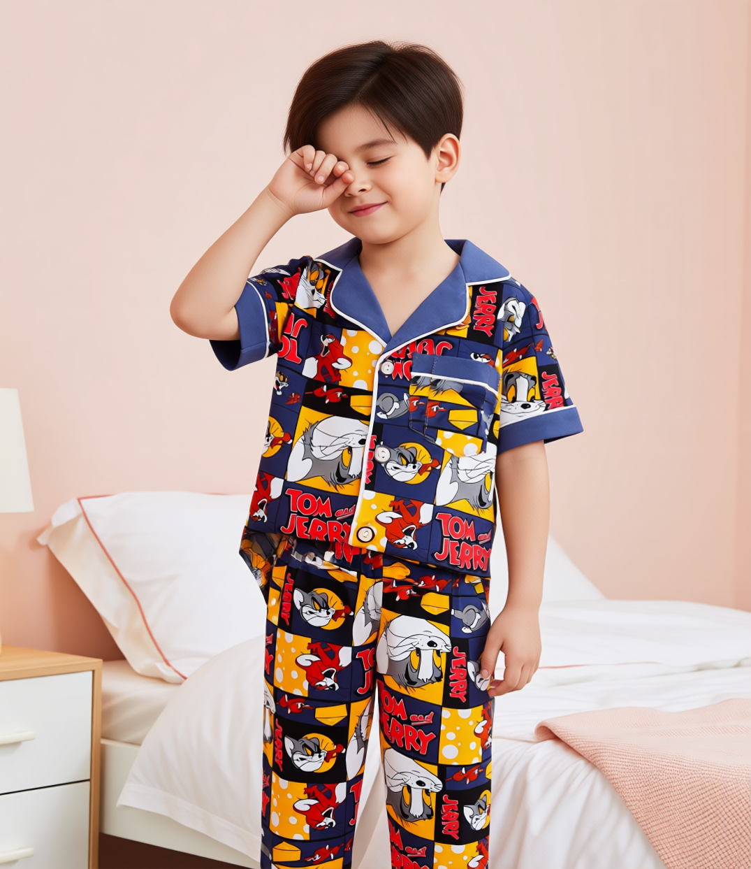 Boys Tom and Jerry Printed Cotton Night Suit Set – Half Sleeve Kids Pajama Set with Collar Neck