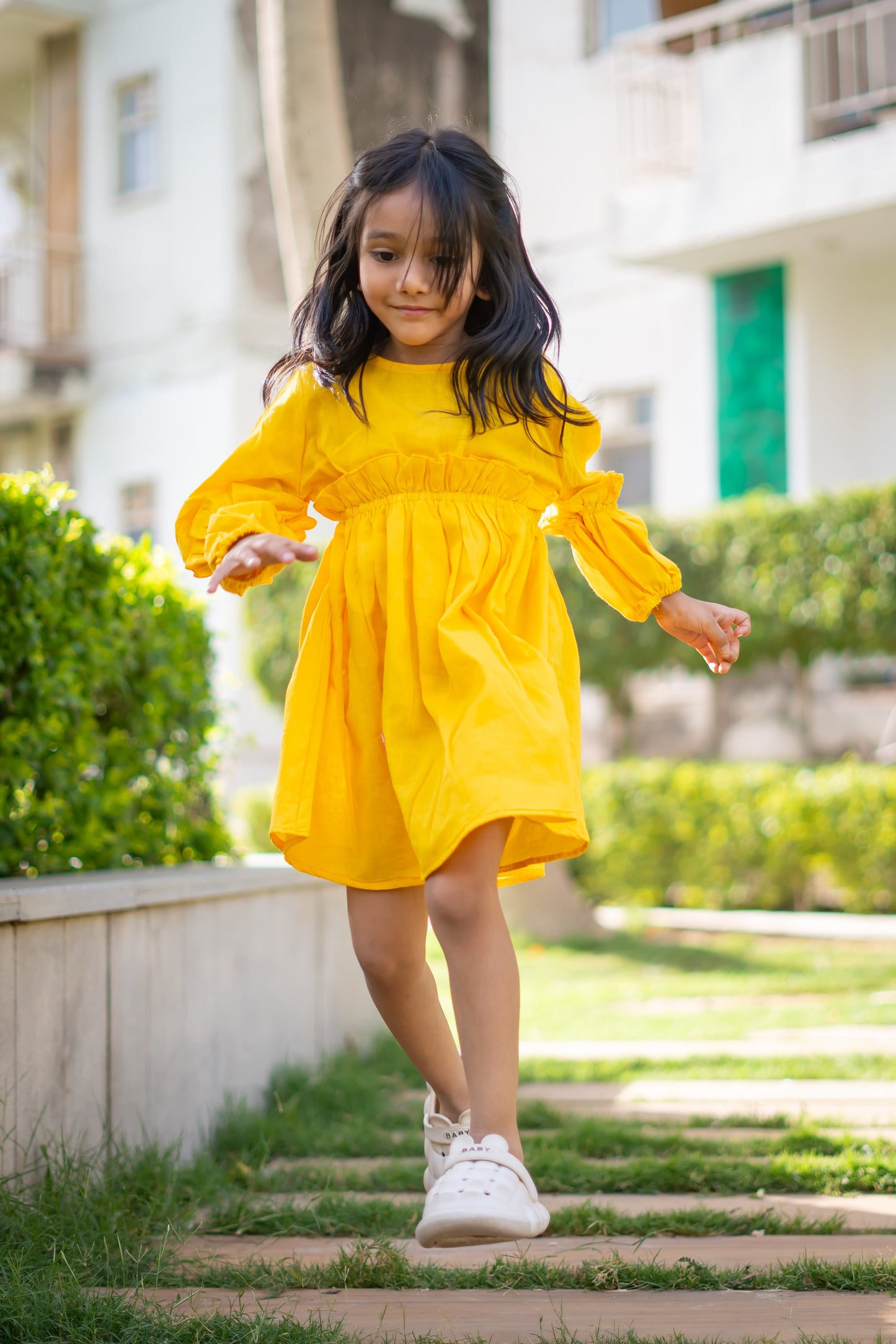 Girls Mulmul Solid Sunny Yellow Dress