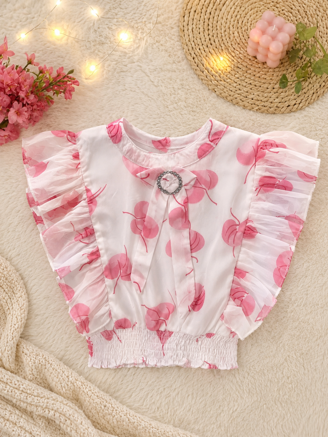 White & Pink Floral Ruffle Top for Girls | Soft Cotton Blend Casual Summer Top | Stylish Kids Party Wear