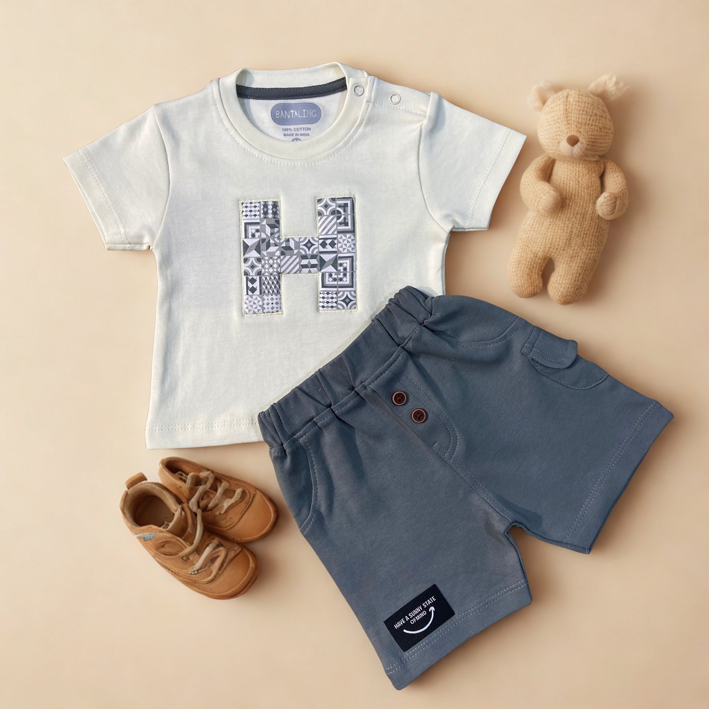 Monogram "H" Cotton Tee & Grey Shorts Set - Lemon