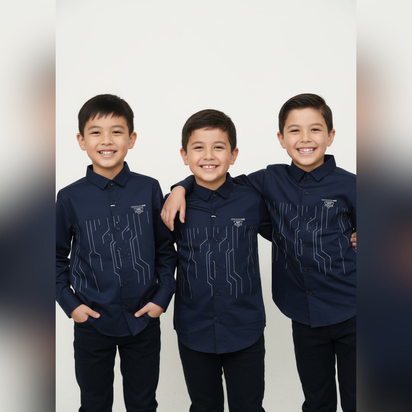 Navy Blue Boys' Shirt with Modern Geometric Print