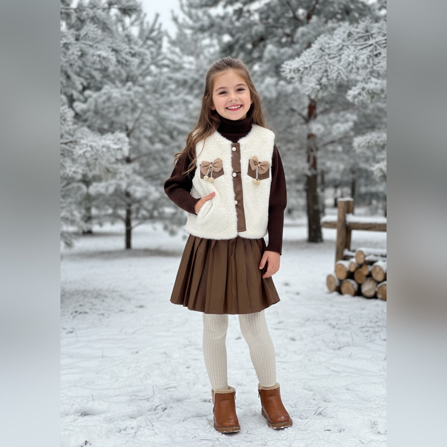 Chic Winter Charm: Girls’ Cozy Brown & Cream Outfit