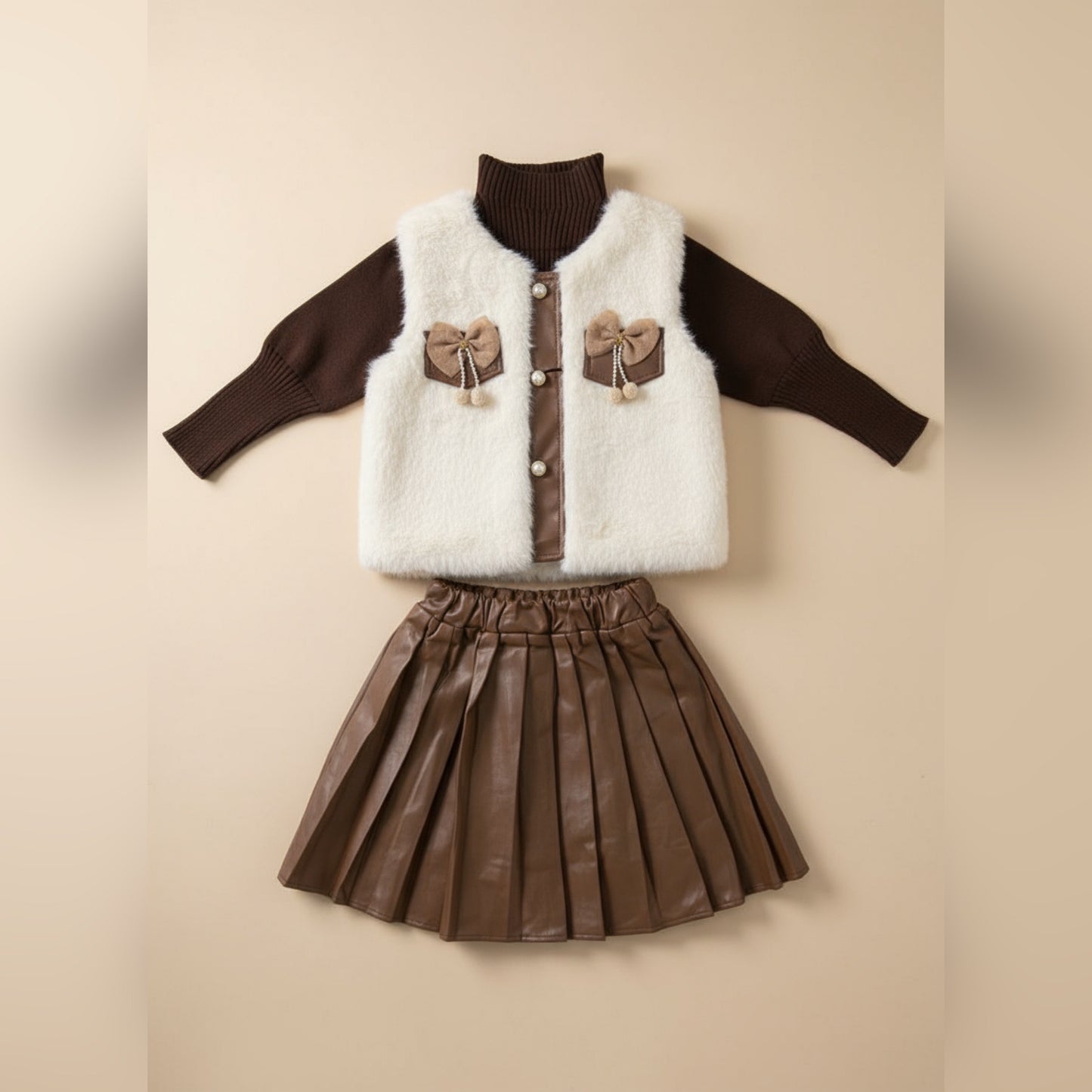 Chic Winter Charm: Girls’ Cozy Brown & Cream Outfit