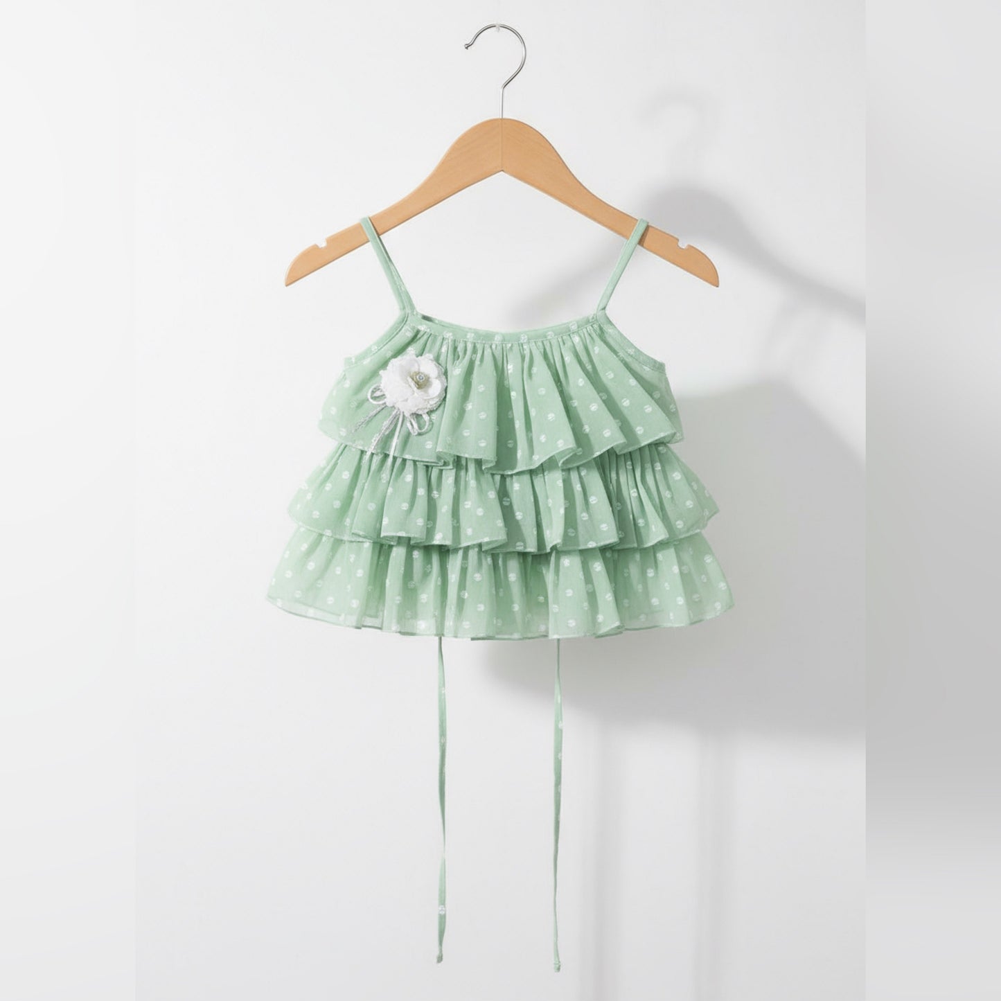 Mint Green Polka Dot Ruffle Top with White Unicorn Shorts – Girls Summer Outfit