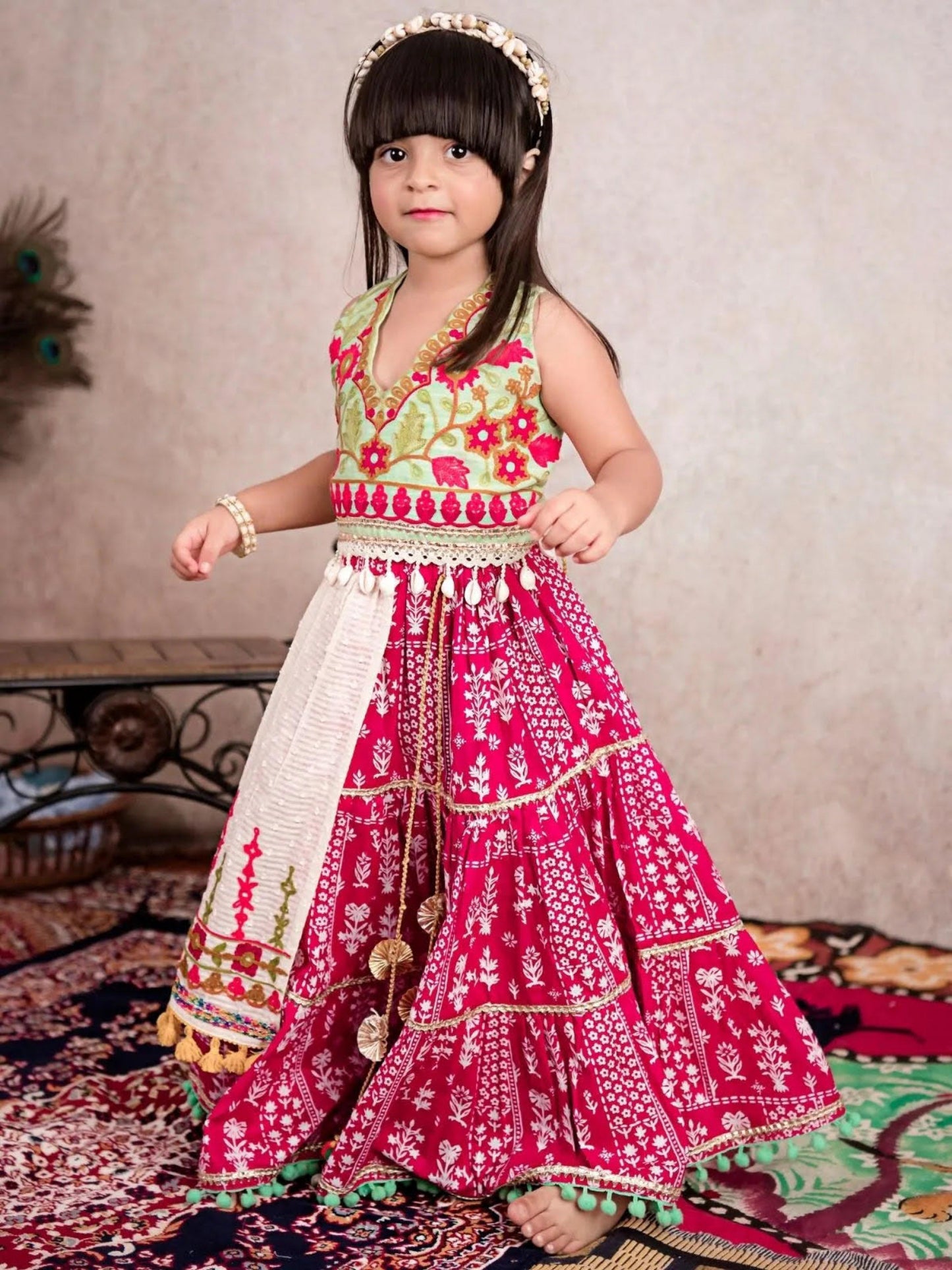 Pink Floral Lehenga With Embroidered Halter Blouse