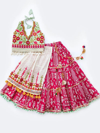 Pink Floral Lehenga With Embroidered Halter Blouse