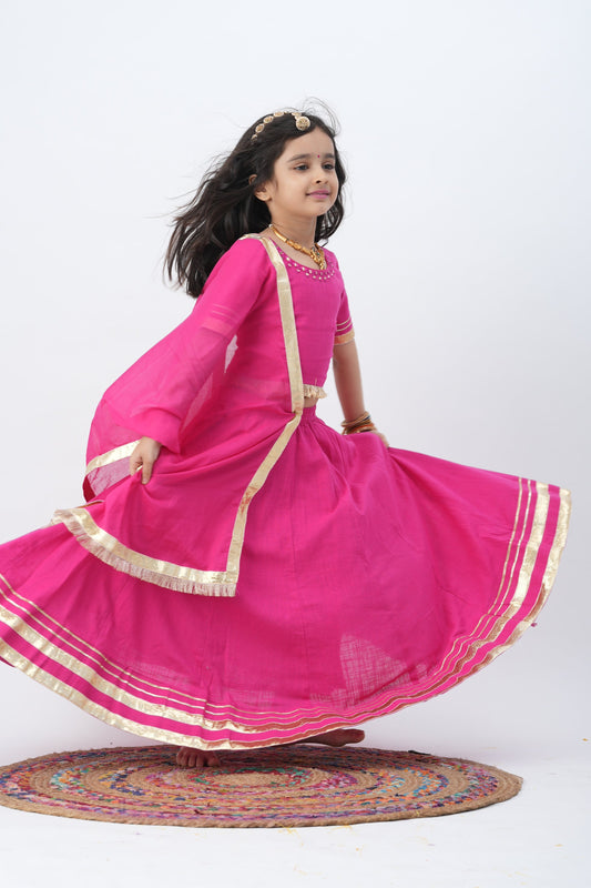 Festive Fuchsia Charm :n Kids Lehenga with Mirror Work and Golden Accents