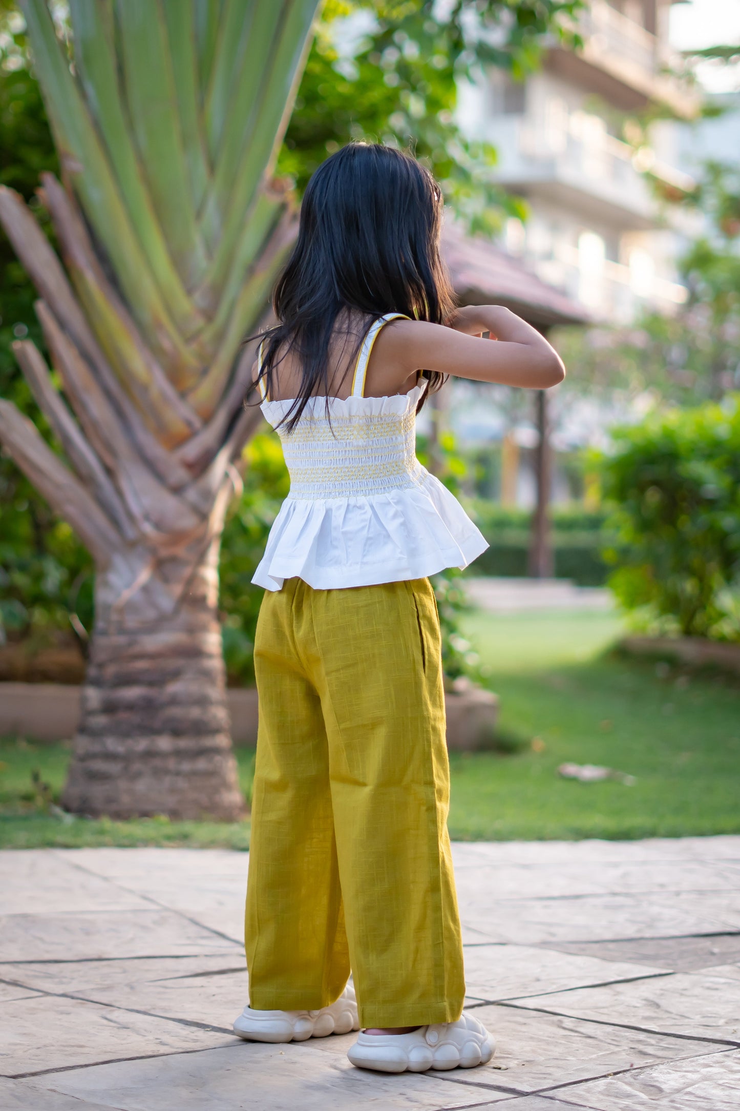 Girls Smocked Crop Top & Pleated Pants Green