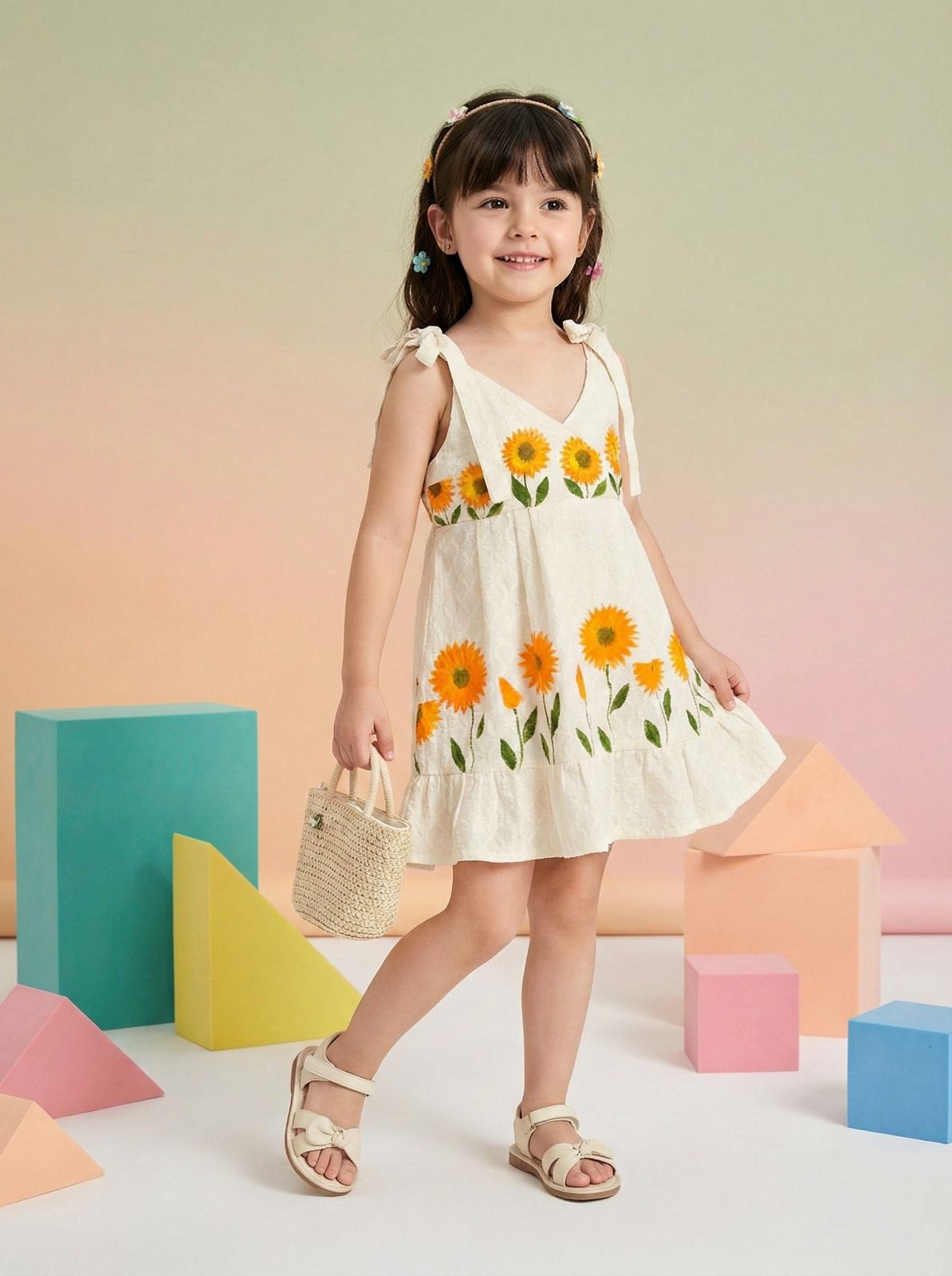 Cheeky Charms Girls Sunflower Cotton Summer Dress | Soft Breathable Sleeveless Floral Dress for Kids | Casual & Vacation Wear