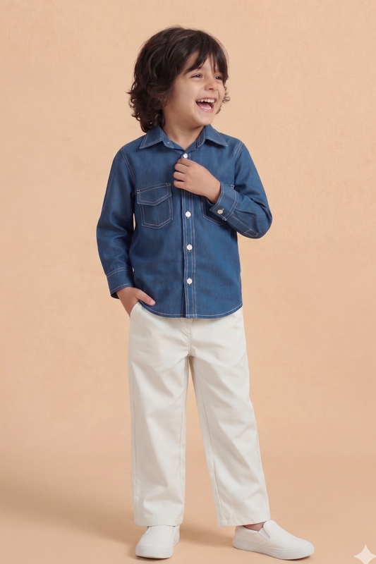 Boys Blue Cotton Shirt & Beige Pants Set | Smart Casual Kids Outfit