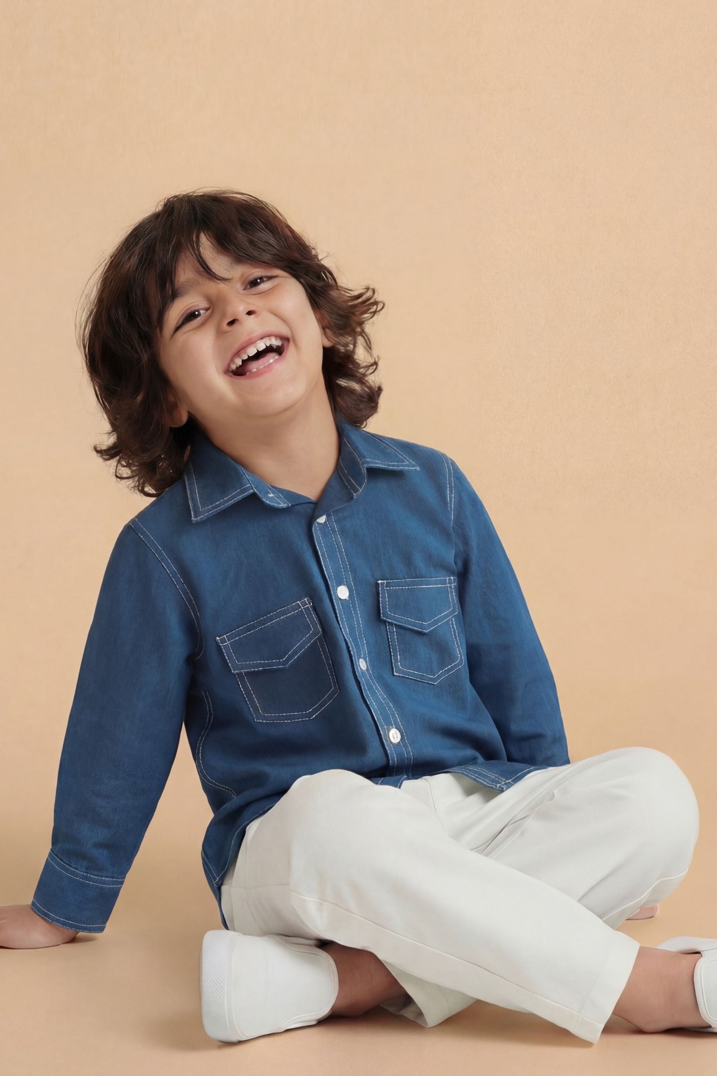 Boys Blue Cotton Shirt & Beige Pants Set | Smart Casual Kids Outfit