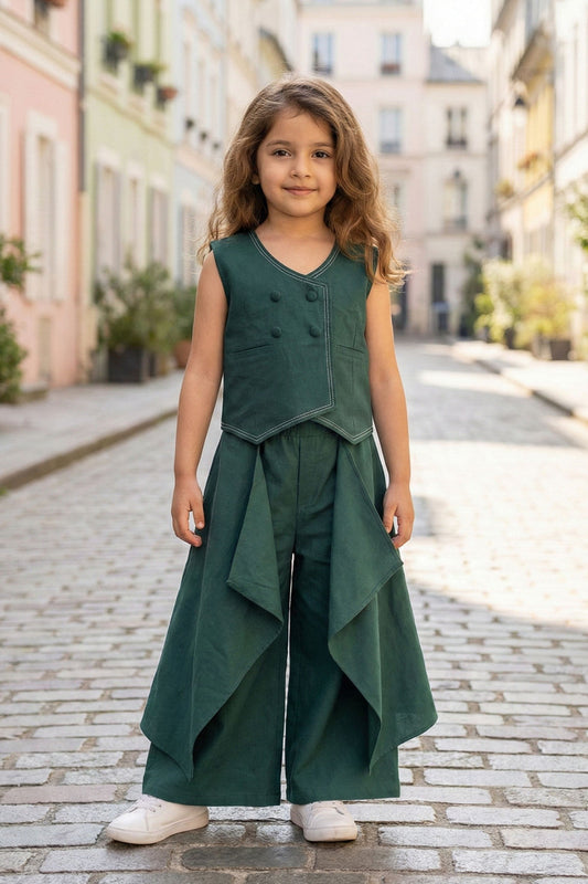 Girls Green Asymmetric Co-ord Set | Designer Kids Outfit
