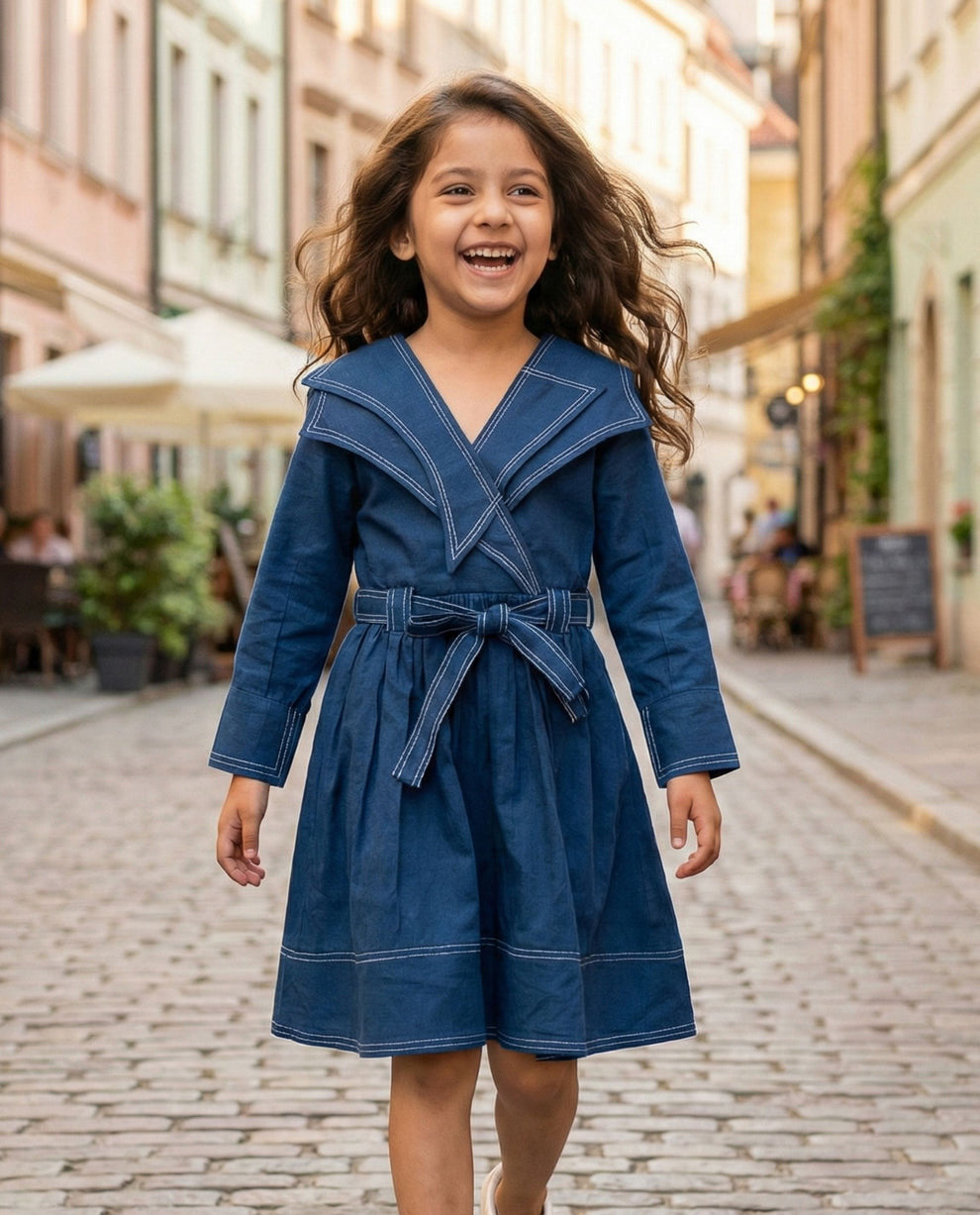 Girls Blue Cotton Dress | Stylish Casual & Party Wear Dress