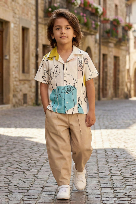Boys Summer Short Sleeve Button-Up Shirt & Cream Pants Set – Stylish Casual Outfit for Kids