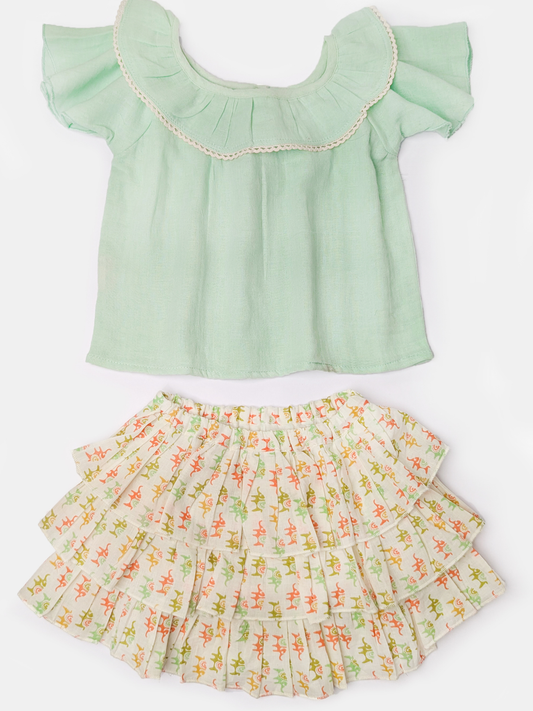 Baby Muslin Ruffle Top Skirt Set for Girls - Green