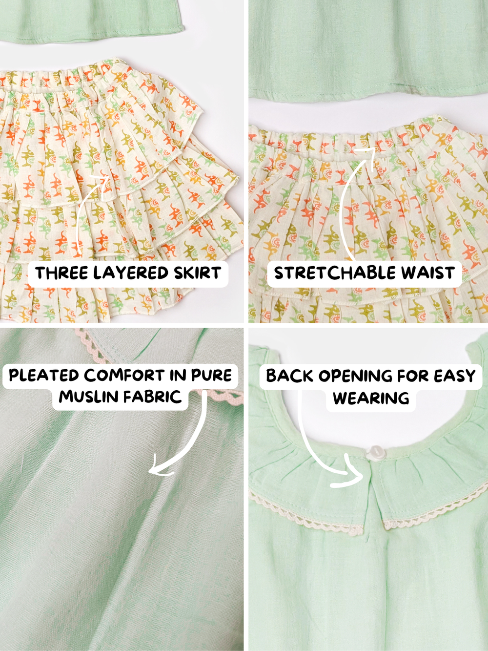 Baby Muslin Ruffle Top Skirt Set for Girls - Green