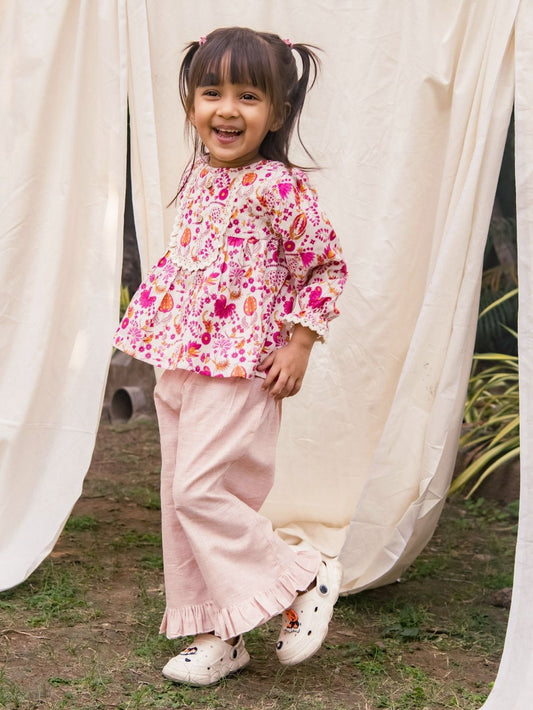 Girls Floral Printed Top with Frill Palazzo Pants – Stylish Pink Ethnic Cord Set for Kid