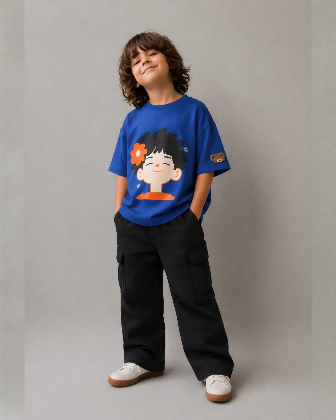 Kids Oversized Blue Cotton T-Shirt for Boys & Girls | Cute Cartoon Graphic Tee