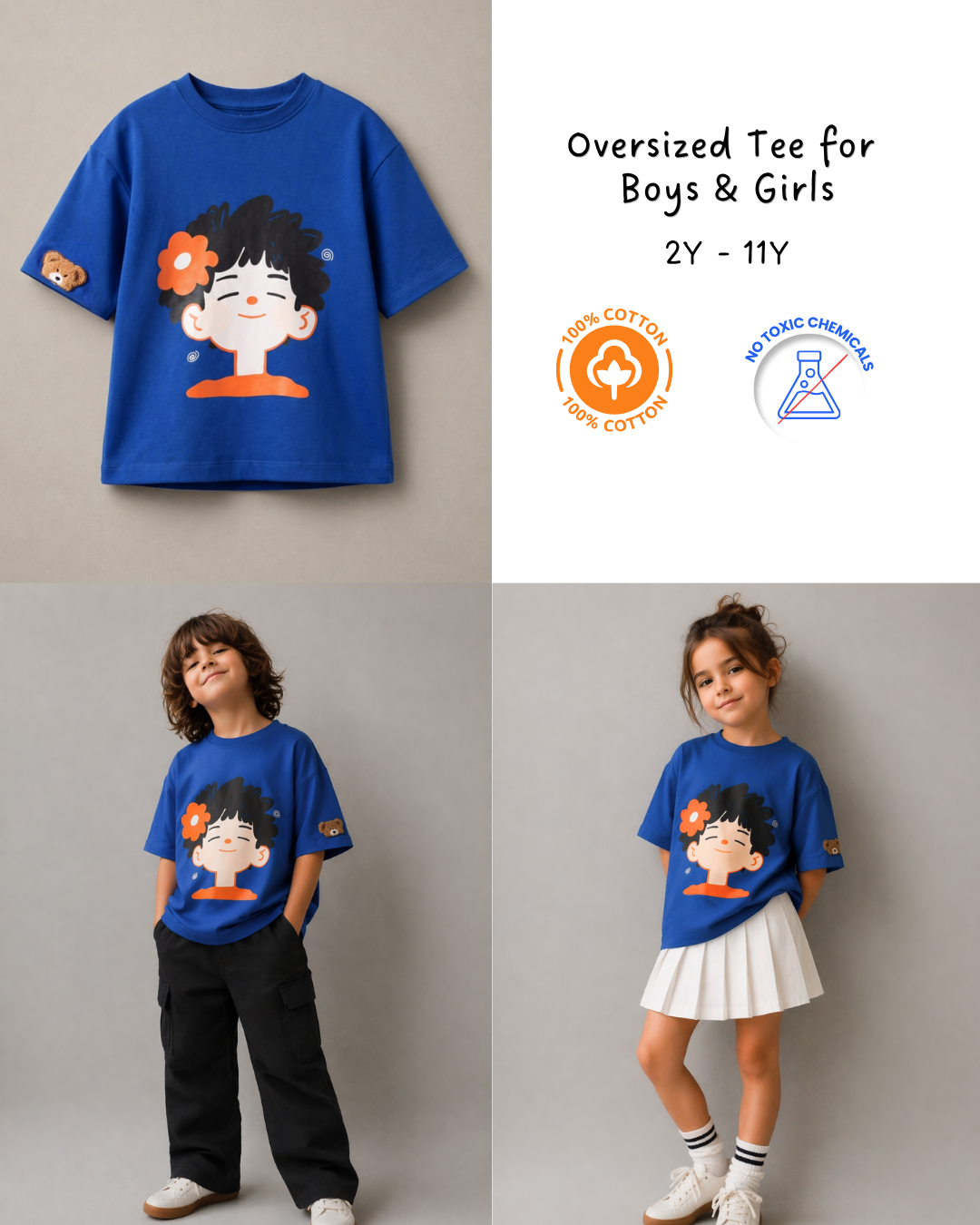 Kids Oversized Blue Cotton T-Shirt for Boys & Girls | Cute Cartoon Graphic Tee