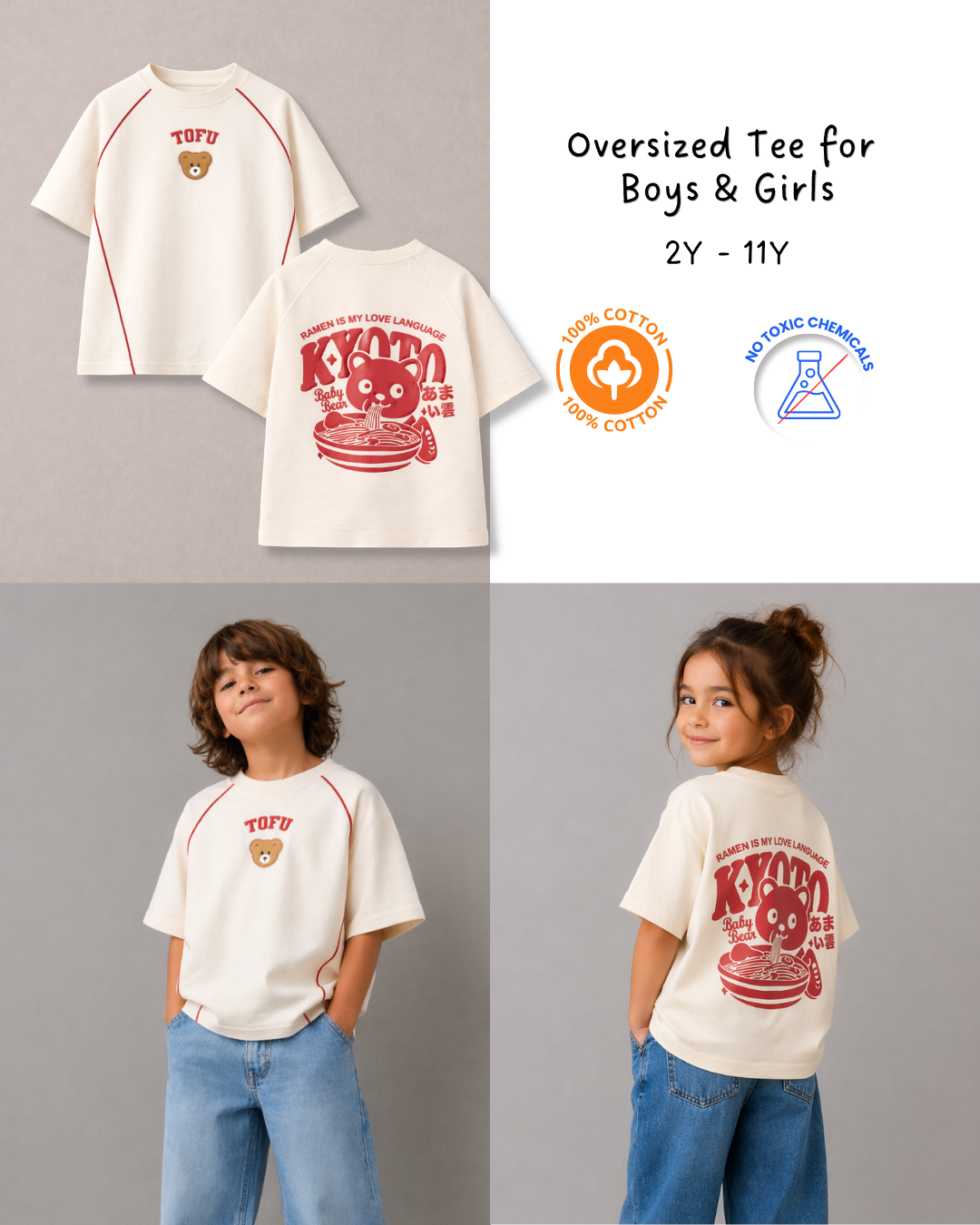 Kids Oversized Cotton T-Shirt for Boys & Girls | Cute Ramen Bear Graphic Tee