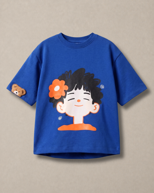 Kids Oversized Blue Cotton T-Shirt for Boys & Girls | Cute Cartoon Graphic Tee