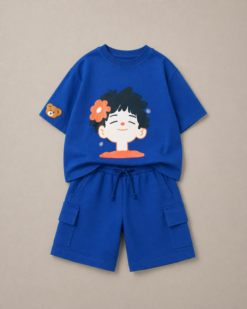 Set of Happy face and cargo shorts oversized set - Blue