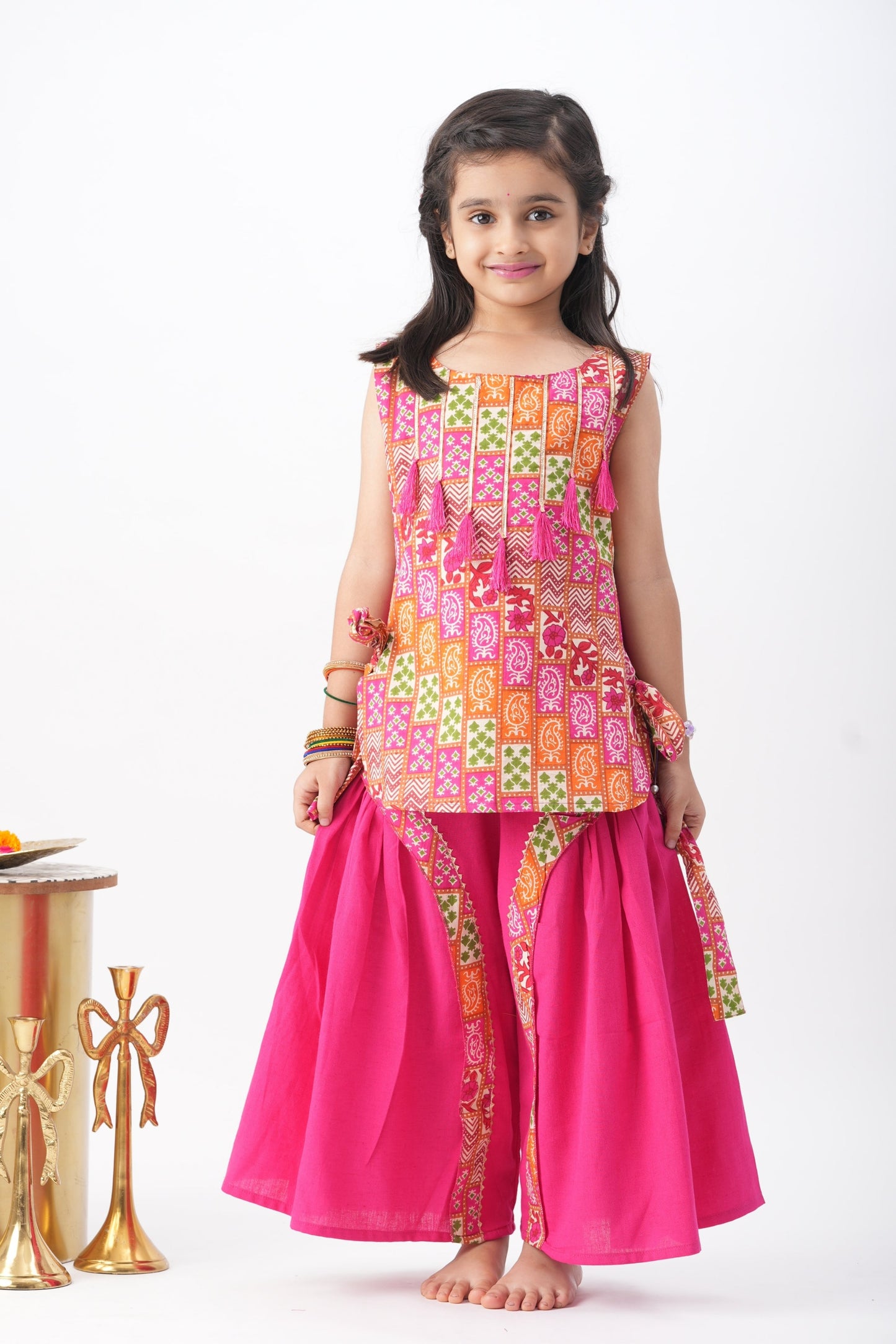 Girls Pink Printed Ethnic Co-Ord Set with Flared Palazzo – Festive Traditional Wear for Kids