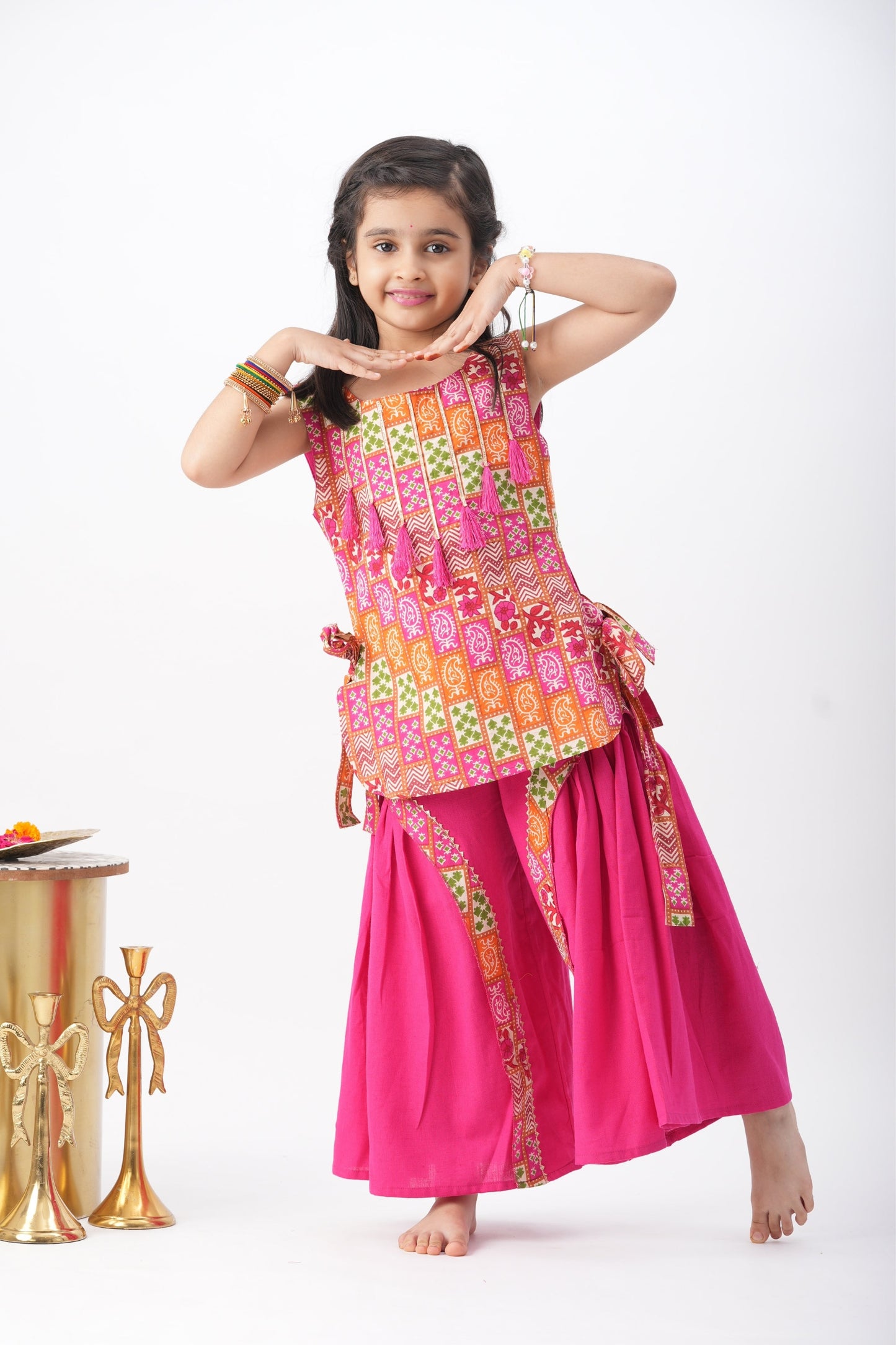 Girls Pink Printed Ethnic Co-Ord Set with Flared Palazzo – Festive Traditional Wear for Kids