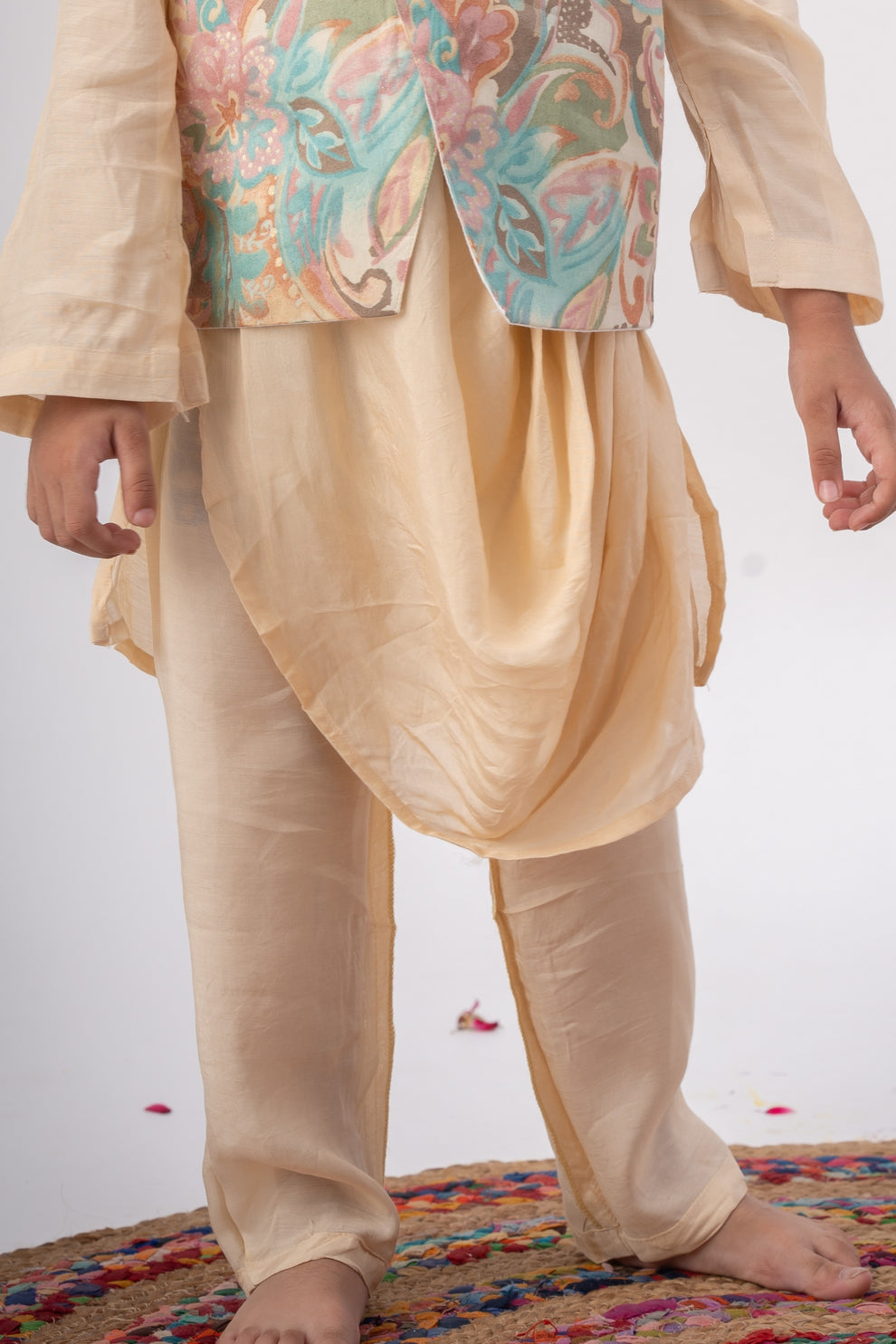 Boys Cream Dhoti Kurta Set with Printed Nehru Jacket – Festive Ethnic Wear for Kids
