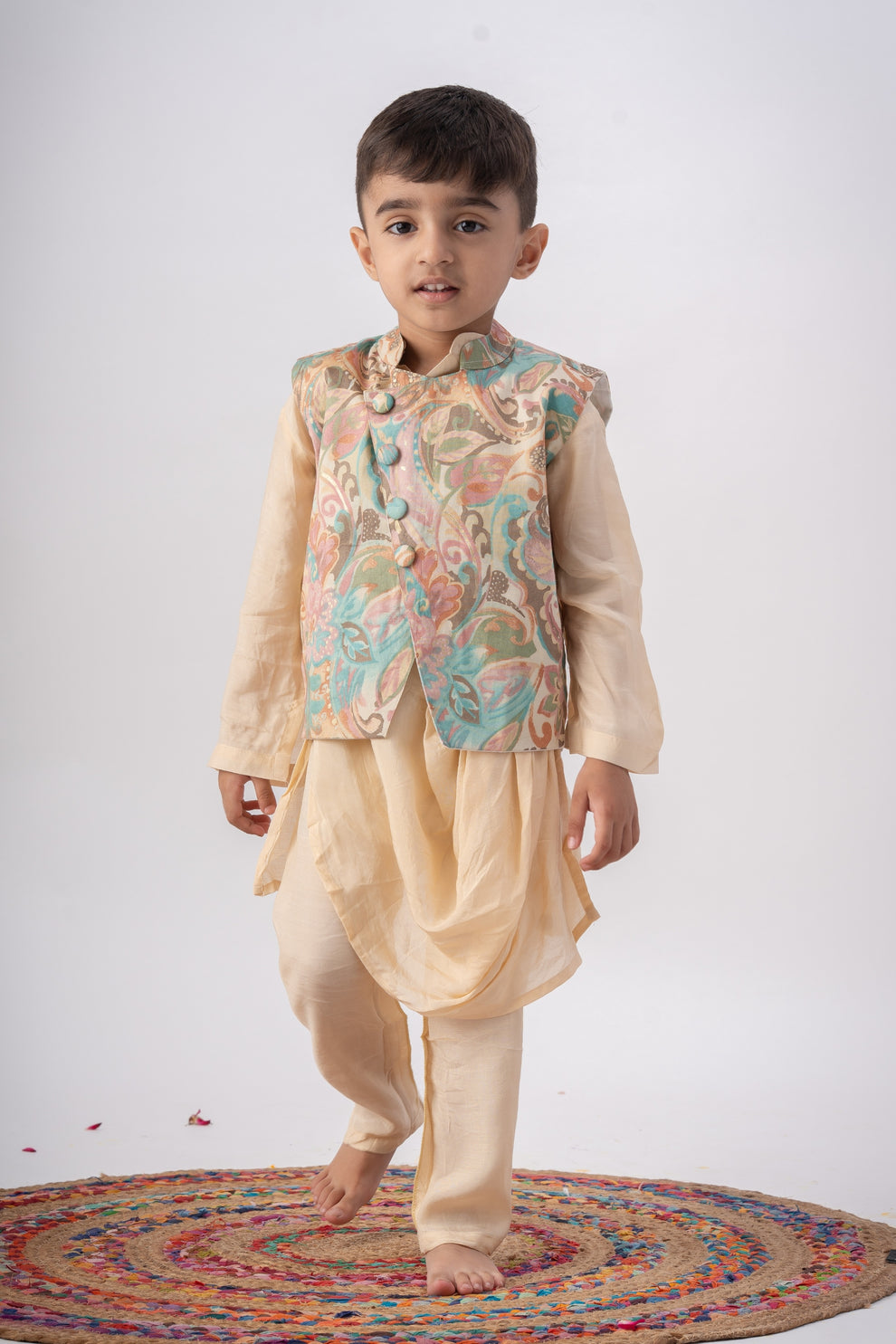 Boys Cream Dhoti Kurta Set with Printed Nehru Jacket – Festive Ethnic Wear for Kids