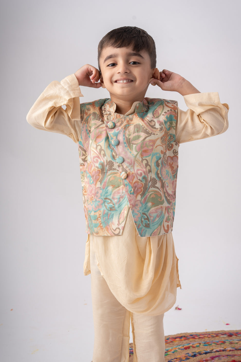Boys Cream Dhoti Kurta Set with Printed Nehru Jacket – Festive Ethnic Wear for Kids