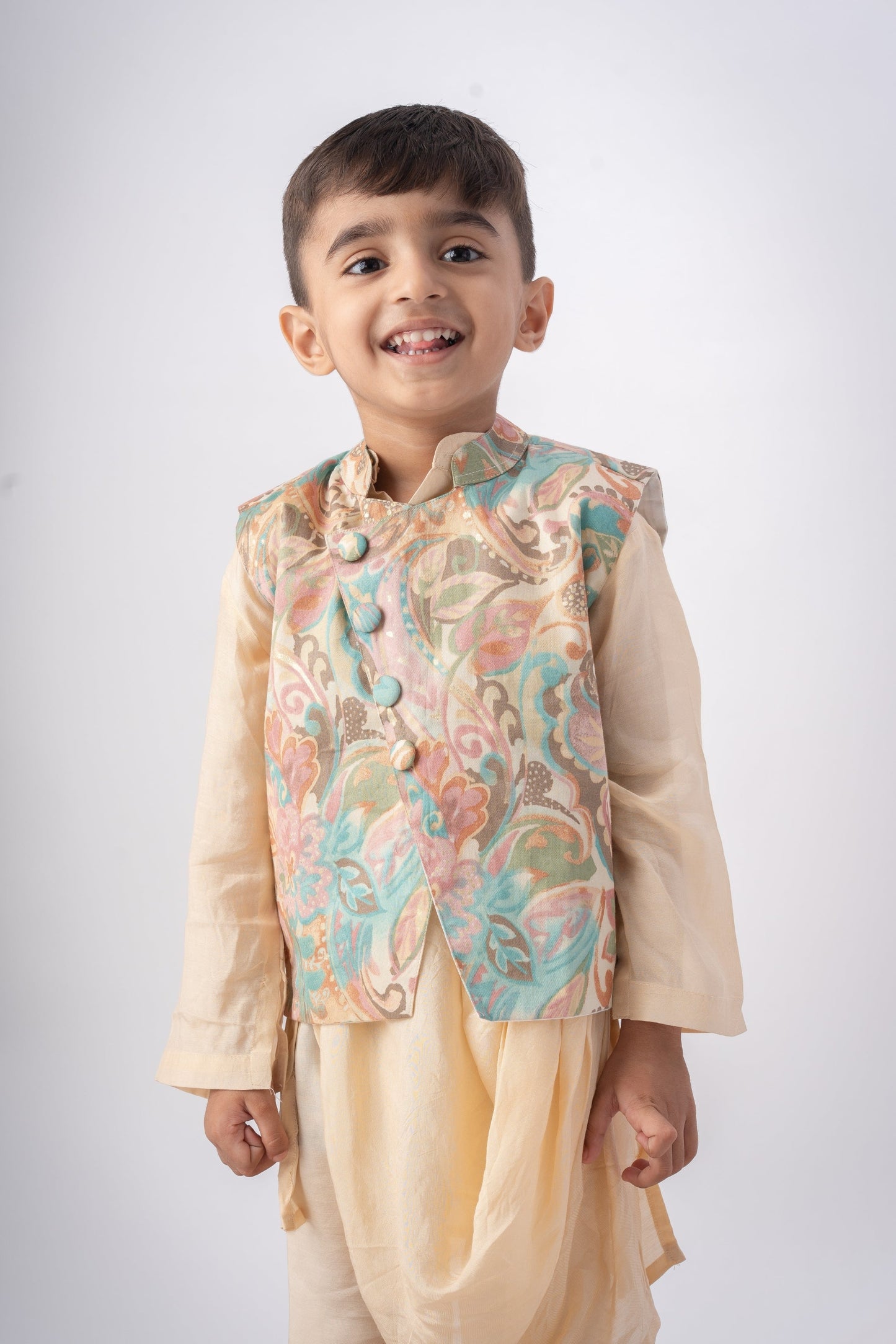 Boys Cream Dhoti Kurta Set with Printed Nehru Jacket – Festive Ethnic Wear for Kids