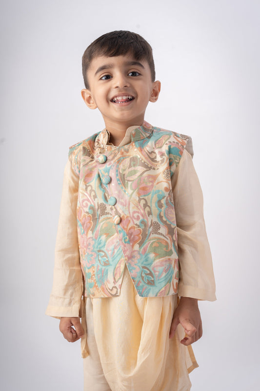 Boys Cream Dhoti Kurta Set with Printed Nehru Jacket – Festive Ethnic Wear for Kids