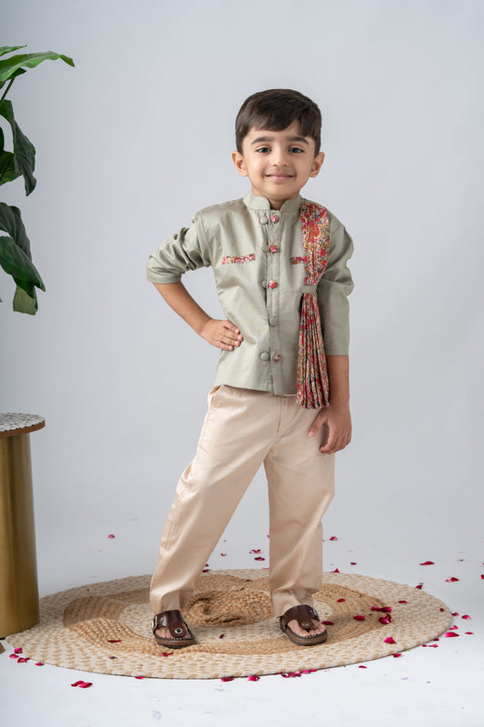 Stylish Boys Ethnic Wear Set with Jacket & Satin Pants | Kids Festive Outfit