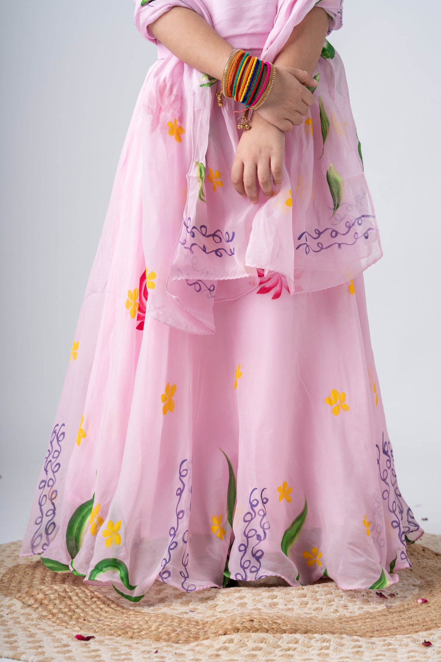 Elegant Pink Floral Girls Gown with Dupatta – Traditional Party Wear Dress for Kids