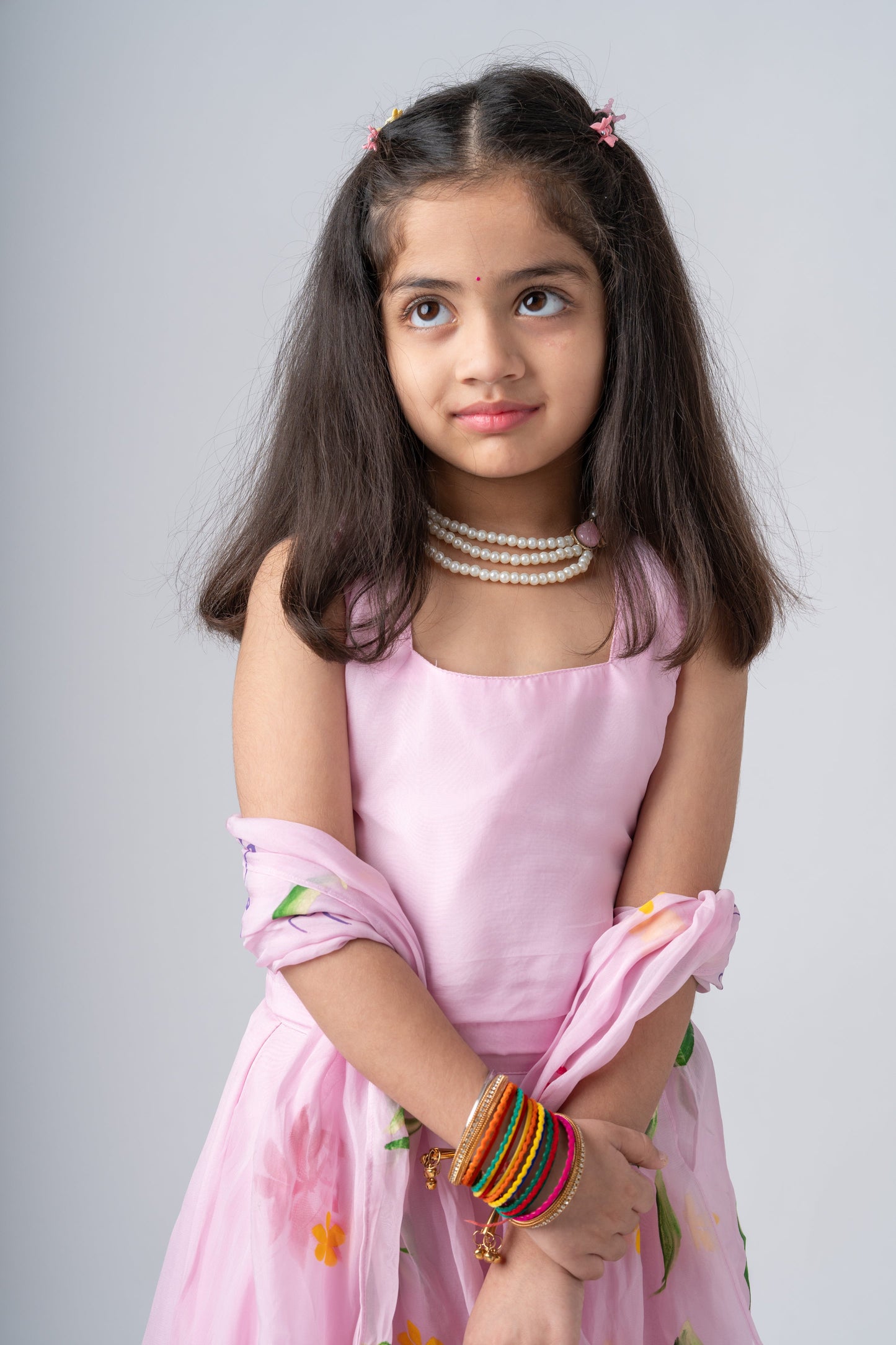 Elegant Pink Floral Girls Gown with Dupatta – Traditional Party Wear Dress for Kids