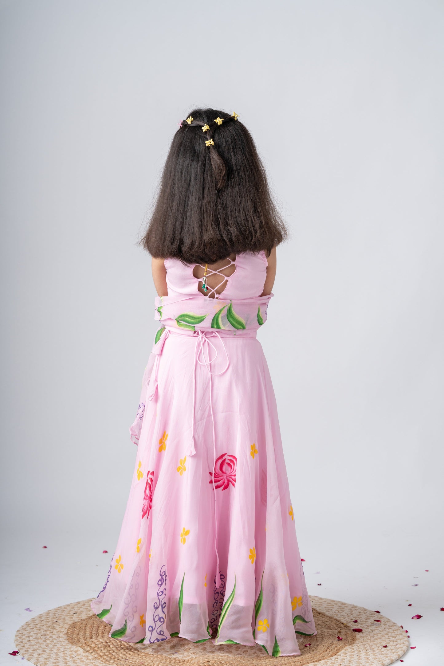 Elegant Pink Floral Girls Gown with Dupatta – Traditional Party Wear Dress for Kids